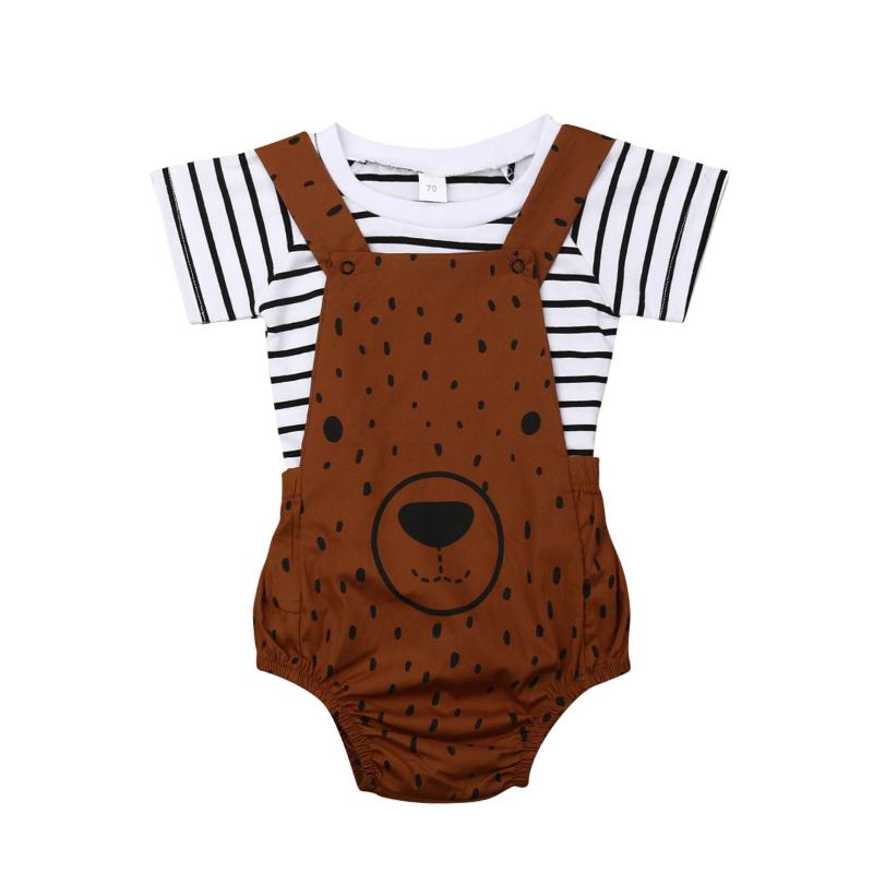 

2020 Baby Summer Clothing Newborn Toddler Baby Boy Cute Bear Clothes Set Striped Short Sleeve Tops T Shirt Bib Pants Overalls, As pic