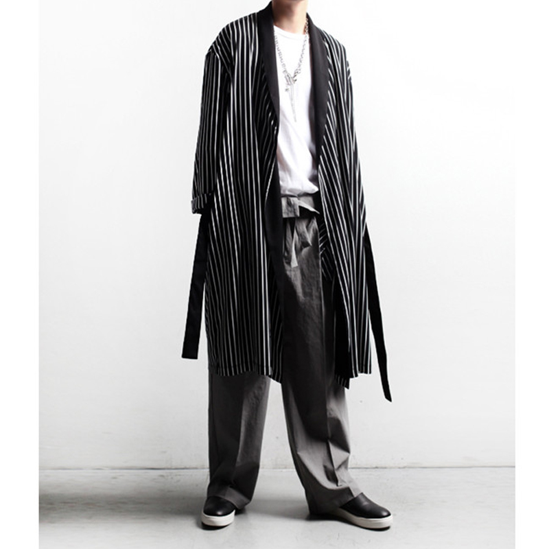 

Autumn and winter windbreaker thin section tide men Korean fashion striped mid-length loose windbreaker men' long coat jacket, Black