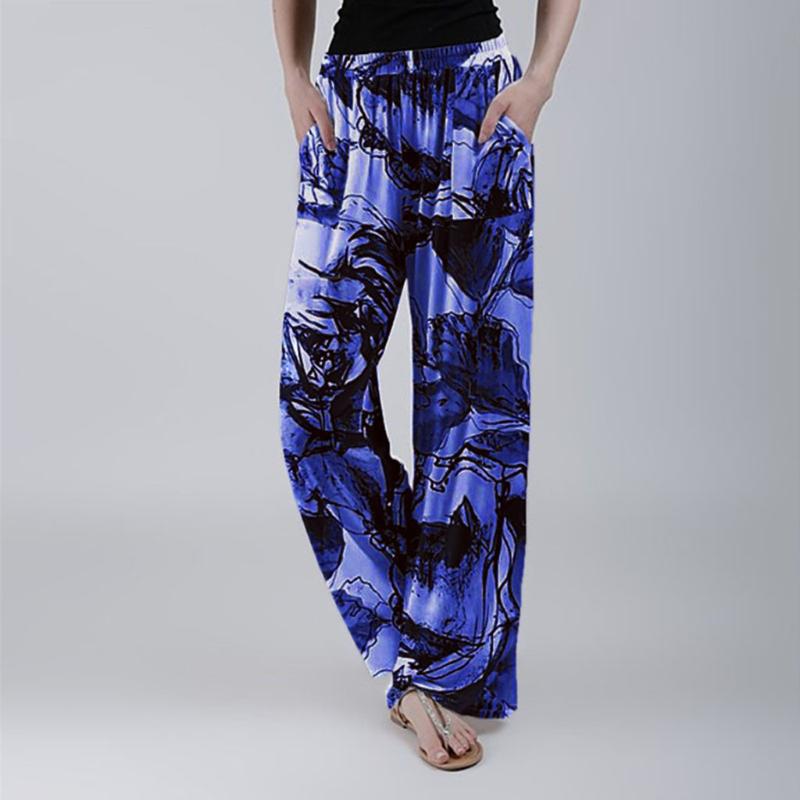 

Womens Casual Print Long Pants Loose Ladies Trousers Elastic Waist Pant Yoga Pants High Waist Ladies Career Long Trousers, Blue