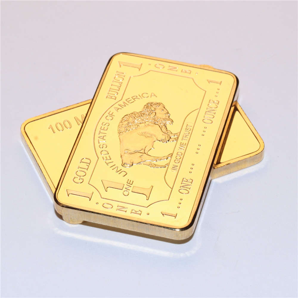 

one Troy Ounce American Buffalo 100 Mills .999 Fine Gold Plated Bullion Bar