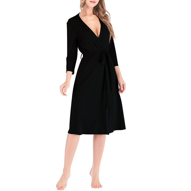 

Women' Pajamas Spring Aand Autumn V-neck Three-quarter Sleeve Sexy Loose Kknee-length Nightgown Gray 2XL Size, Black