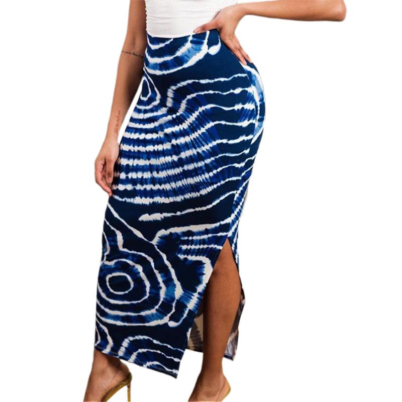 

Package Hip Skirt Ladies Fashion Tie Dye High Waist Side Slit Maxi Vestidos Summer Boho Asymmetrical Printed Paisley Skirts, Navy blue
