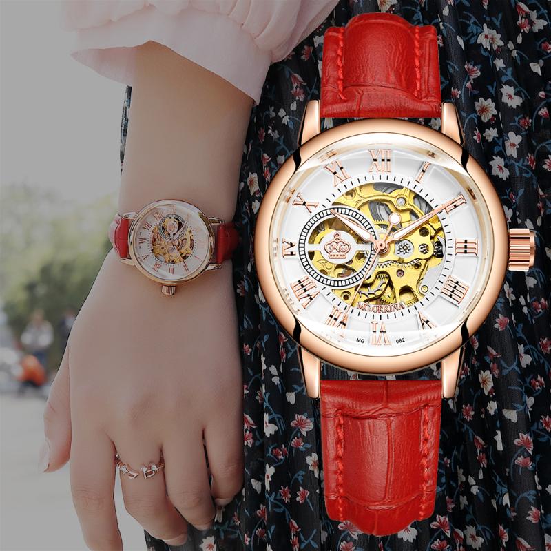 

Chic Style ORKINA Women Wrist Watch Automatic Mechanical Leather Strap Female Clock Skeleton Dial Lady Wristwatch Montre Femme, 082 white