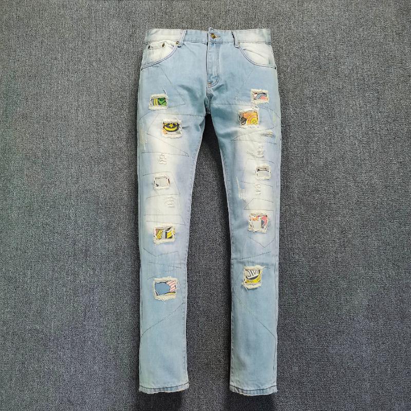 

Light Blue Holes Ripped Biker Jeans For Motorcycle Casual Denim Pant Fashion Men's Straight Nightclub Men Slim Jeans Men Vintage