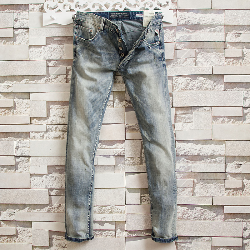 

Italian Style Fashion Men Jeans Retro Light Blue Elastic Slim Jeans Men Buttons Pants High Quality Vintage Designer Homme