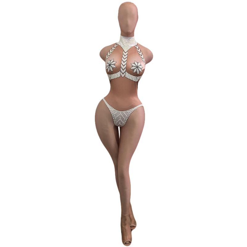 

Women Sleeveless Halter Nightclub Leotard Sexy Bikini Pattern Nude Stretch Skinny Dance Bodysuit Showgirl Pole Dance Jumpsuit, Multi