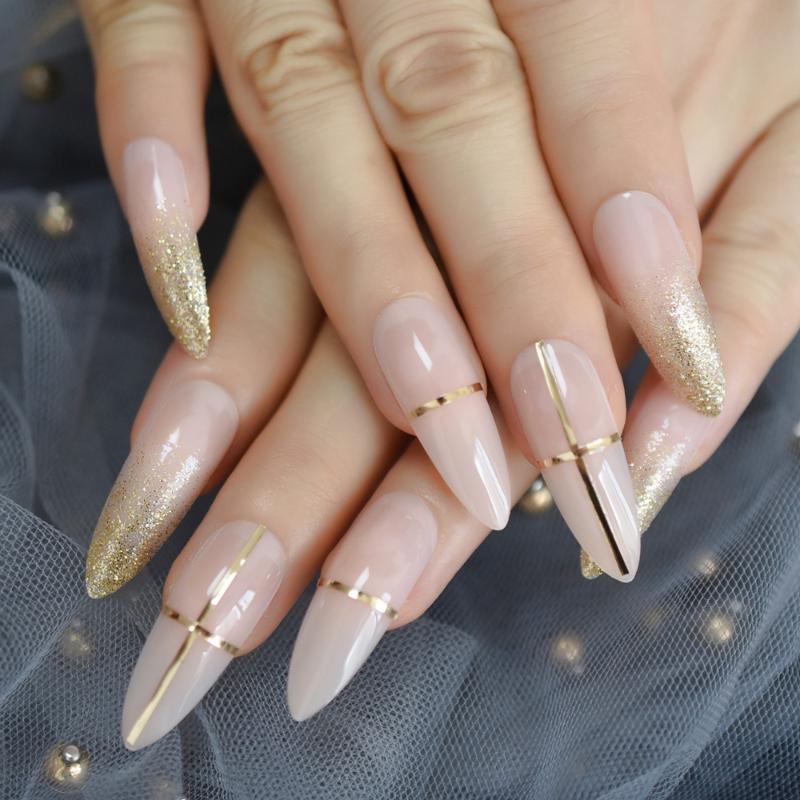 

Luxury False Nails Nude Gold Glitter Golden Line Decoration Extra Long Fake Nails Stiletto Pigment Designer Handmade Tips, L5233