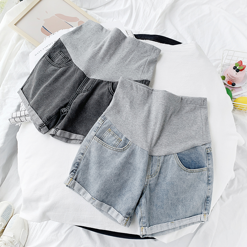 

1886# Maternity Jeans Shorts Maternity Jeans Summer Cropped Denim Pants Belly Support Pants Elastic Waist High waist, Blue