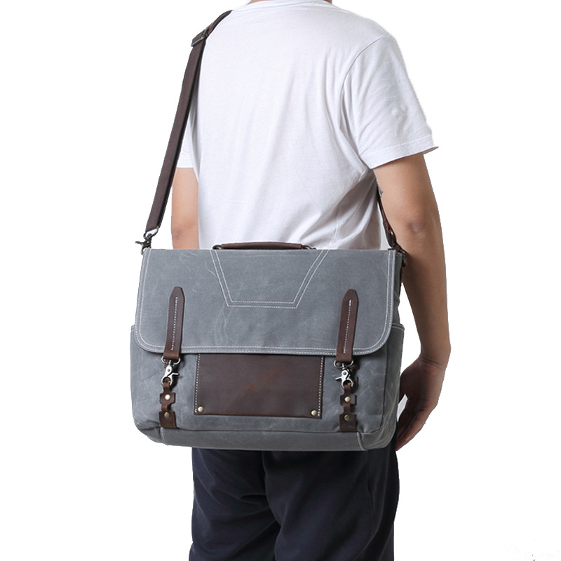 

Oil wax canvas waterproof handbag Leather stitching one-shoulder diagonal laptop bag fashion men's bag, Gray