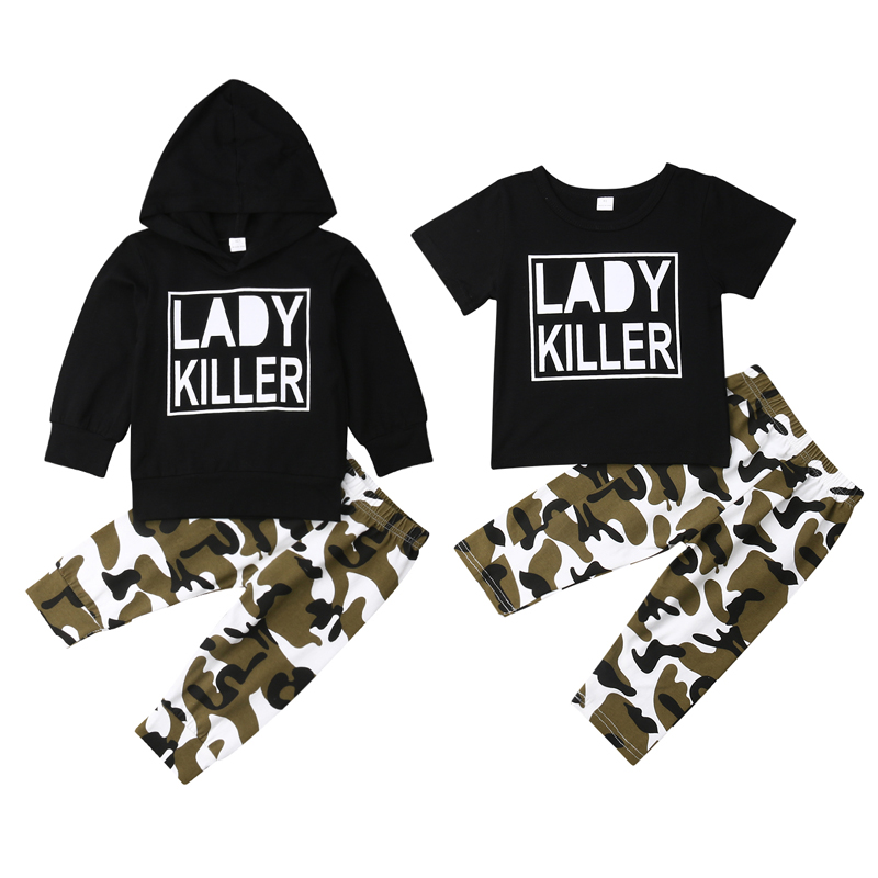 

2020 Newborn Baby Boys Girls Clothes SetsLong Sleeve Letter Laddy Killer Hooded /T-Shirt Tops+ Camo Pants Outfits 2PCS Set 0-24M, Beige