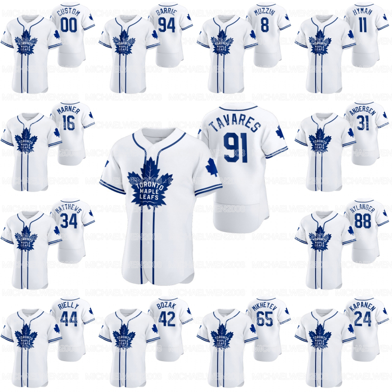 

Toronto Maple Leafs 2020 Crossover Baseball Jerseys Auston Matthews Mitch Marner John Tavares Spezza Nylander Andersen Rielly Hyman Kapanen, 8 jake muzzin