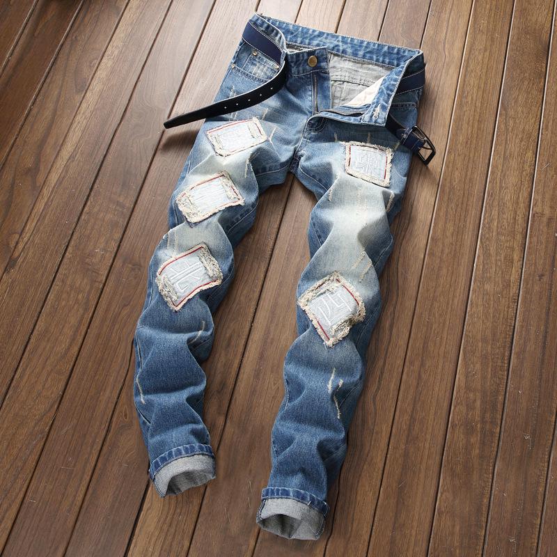 

Men's Pants Hole Trousers Casual Jeans Patch Spell Color Straight, Light blue