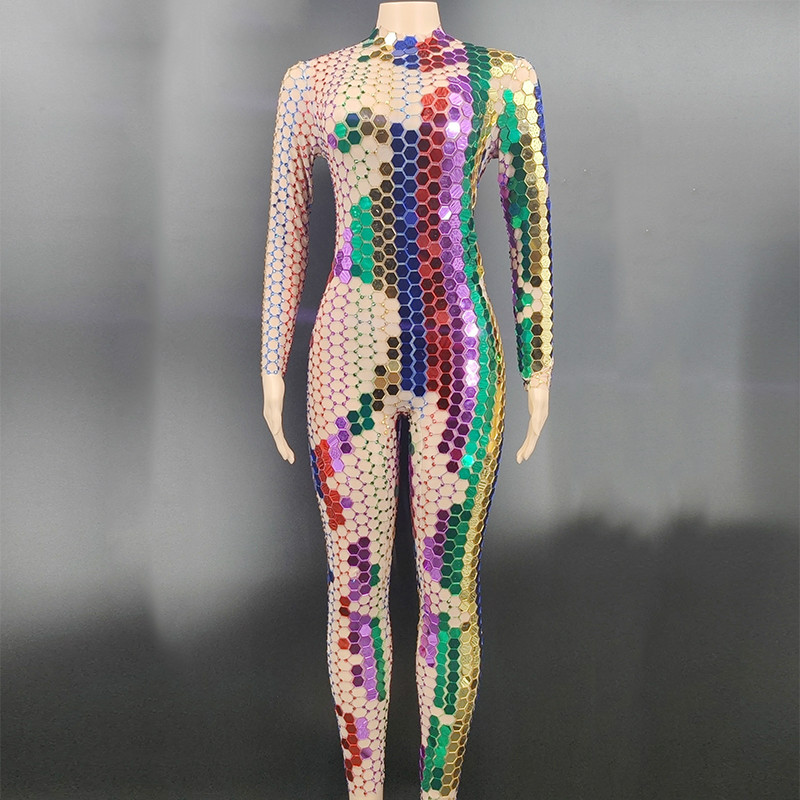 

New Multi-color Mirror Rhinestones Transparent Jumpsuit Bar Women Dancer Leggings Stage Wear Birthday Celebrate Outfit