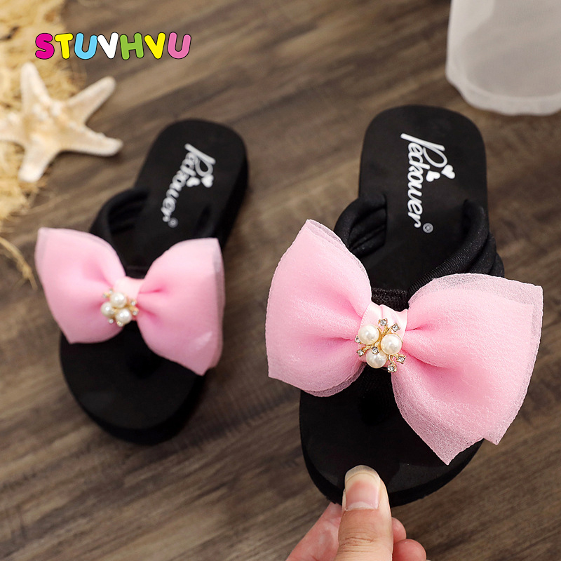 

2020 New Flip Flops Children Slippers Summer Girls Shoes Anti-skid Lace Bow Kids Beach Sandals Thick Bottom Soft Girls Slippers, Black