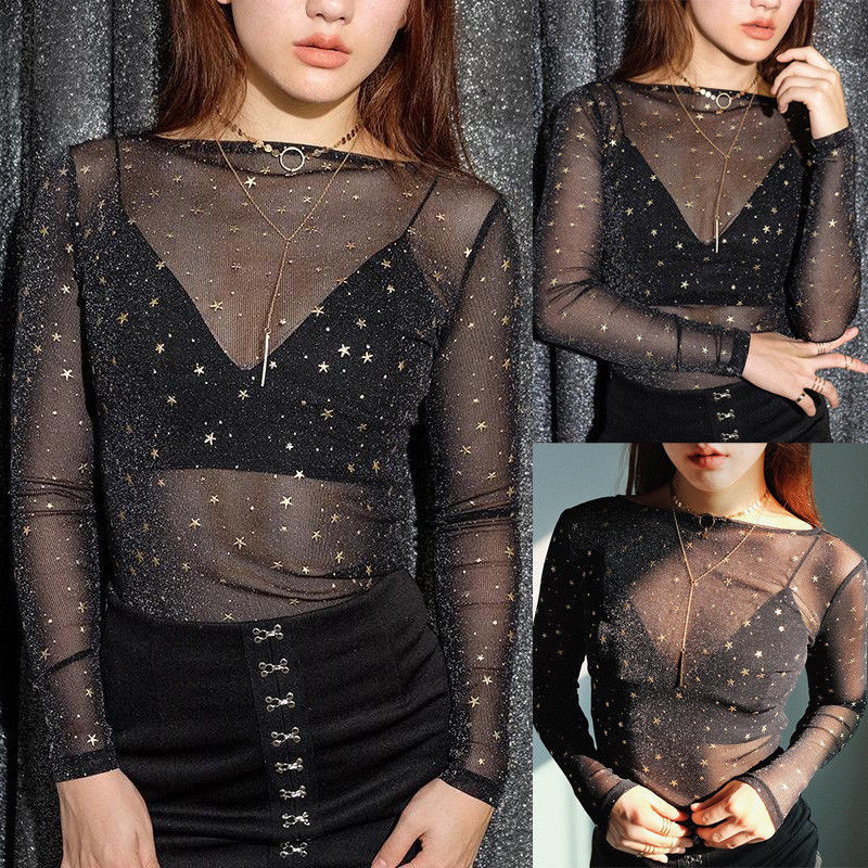

Blackday Women Sexy Transparent Mesh Top Fashion Long Sleeve See Though Tee shirt femme Evening Party Club T shirt Stars Print T shirt, Black