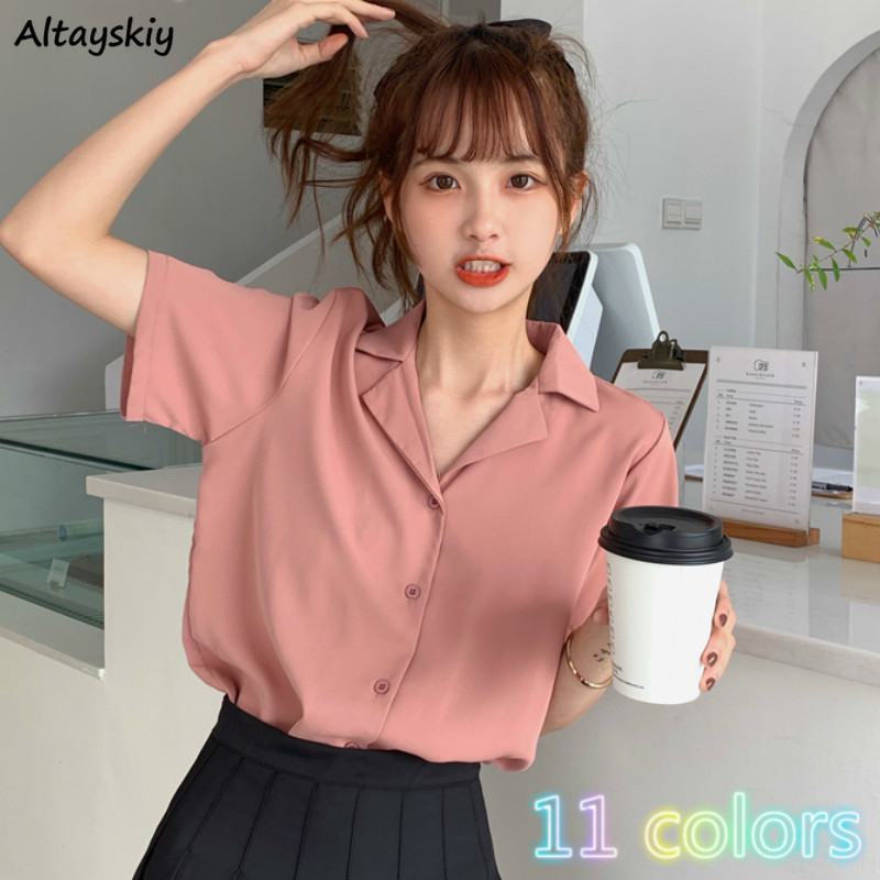

Blouses Women 11 Colors Sweet Simple Vintage Short Sleeve Summer Trendy Womens Blusas Top Ins Single Breasted Soft Ladies Shirts, Green