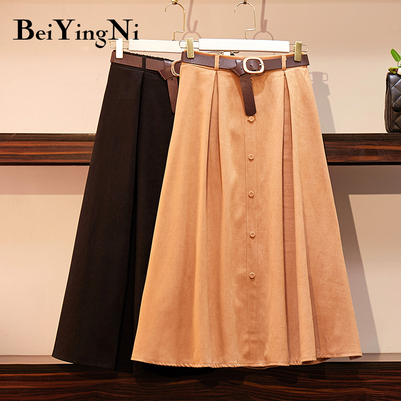 

Beiyingni Plus Size Vintage High Waist Skirt Women Buttons Belt Autumn Winter -XXL Midi Skirt Solid Skirts Office Ladies Saia, Black