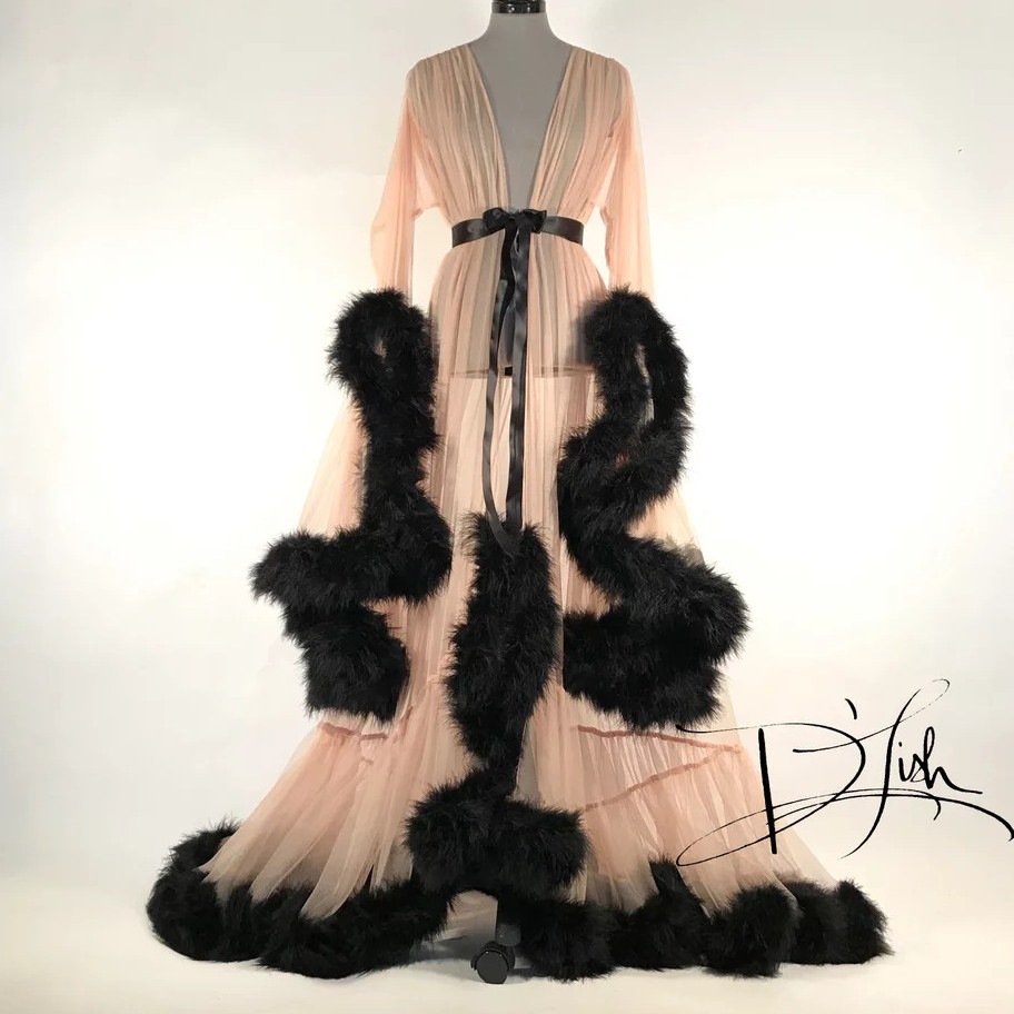 

2020 New Womens Robe Nightgown Bathrobe Sleepwear Bridal Robe Perspective Sexy Lave Feather Flared Sleeve Tail Dress