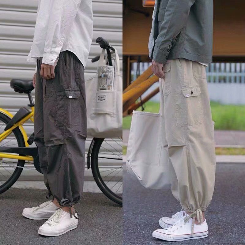 

2020 New Spring Summer Men Safari Style Drawstring Cargo Pants Men's Elastic High Waist Plus Size 4XL Multi-Pocket Trousers W11, Khaki
