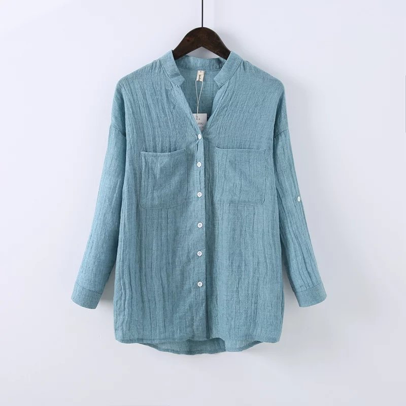 

Johnature Women Cotton Linen Summer Shirts 6 Color Vintage Blouses 2020 New Stand Long Sleeve Button Pockets Loose Casual Shirts, Blue