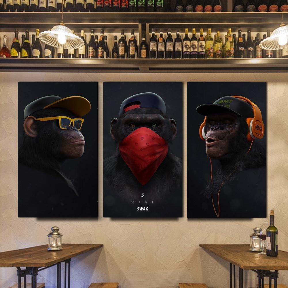 

3 Panels Funny Thinking Monkey with Headphone Wall Art Canvas Oil Painting Animal Posters Prints Wall Pictures for Living Room Decor