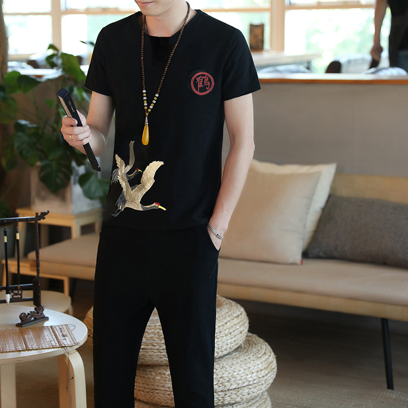 

New Men's Linen 2 Piece Sets Short Sleeve T-shirt Seven points pants V Neck embroidery Summer Vintage Fit Slim Casual Linen Suit, Black