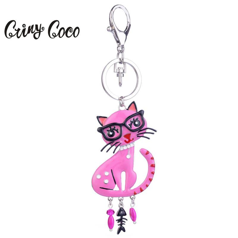 

Cring Coco Cute Metal Enamel Eyeglasses cat Key Chain With Shell Women Holder 2020 New Animal Jewellery Car Key Accessories