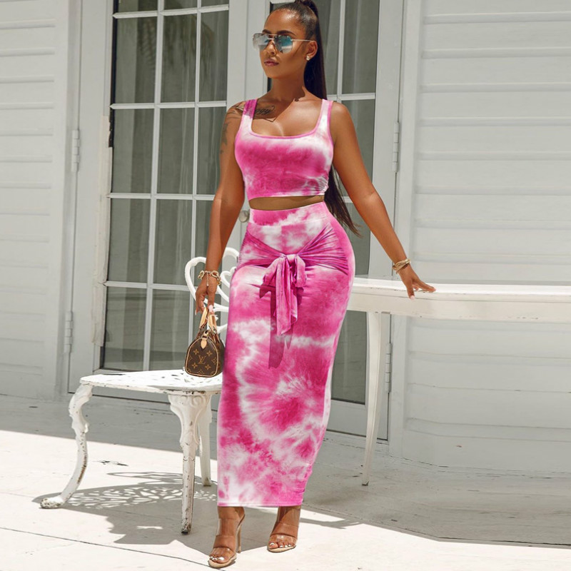 

Sexy Womens Two Piece Dress Suits Fashion Tie-dye Camisole Lace-up Bag Hip Skirt Two-piece Suit Vest + Skirt with 2020 High Quality Clothing, Pink