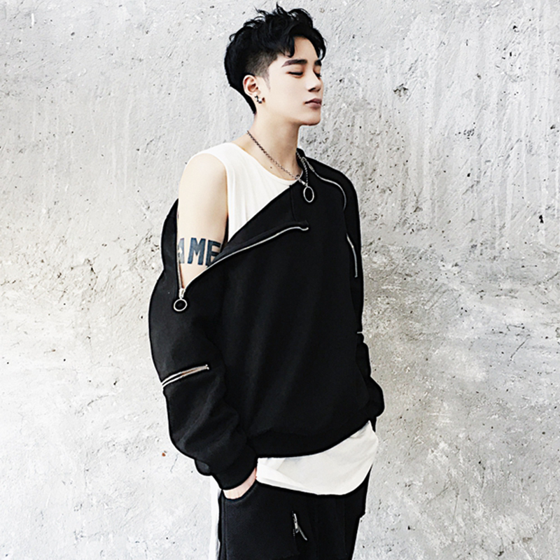 

Men autumn zipper sleeves hip hop hoodie casual crewneck sweatshirt women off shoulder sexy hoody nightclub singer stage moletom, Black