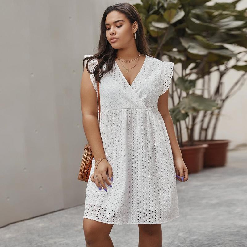 

Summer 2020 Plus Size Women's Sleeveless Dress Sexy V-neck Hollow Design Elegant Beach Dress White College Party Mini 4XL