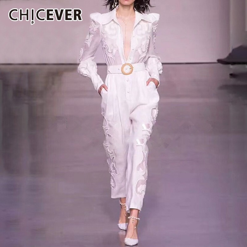 

CHICEVER Summer Embroidery Jumpsuit For Women Lapel Collar Long Sleeve High Waist Perspective Slim Pants Female Fashion 2020 New, Black