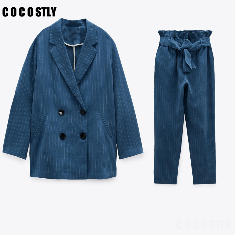 

Work Fashion Pant Suits 2 Piece Set for Women Double Breasted Striped Blazer Jacket & Trouser Office Lady Suit Feminino 2020, Obly pants