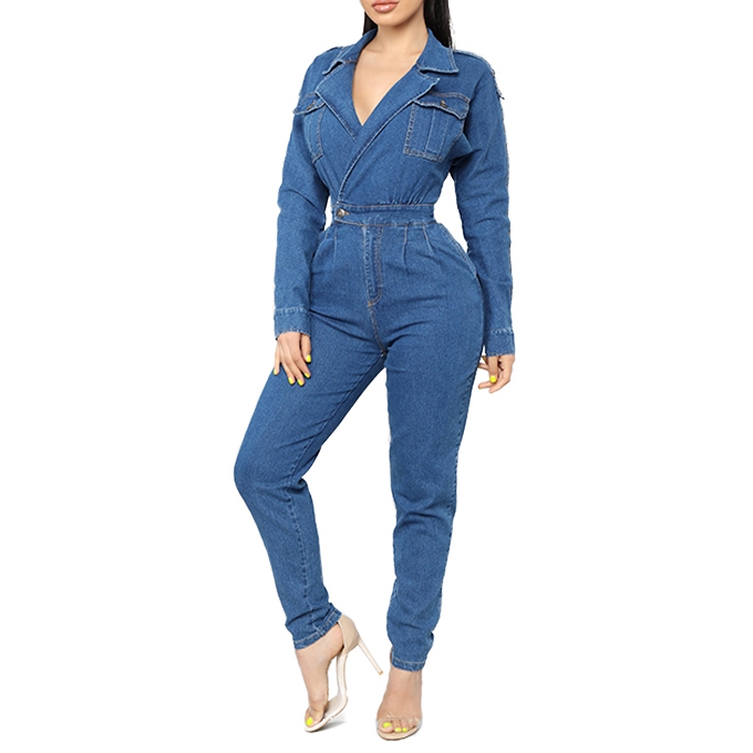

Blazer Collar Long Sleeves Bodycon Denim Jumpsuit Jeans Women Jumpsuit with Pocket, Blue