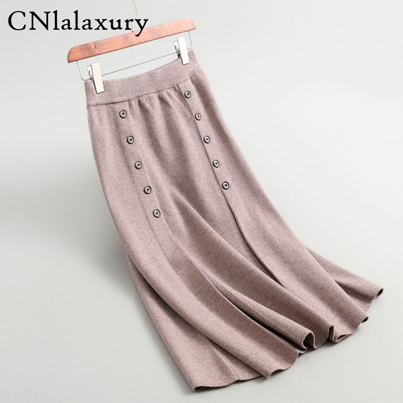 

2020 Women Autumn Winter Knitted Midi A-Line Skirts Korean Style Elegant Fashion Solid Long Skirt mujer faldas saia, Black