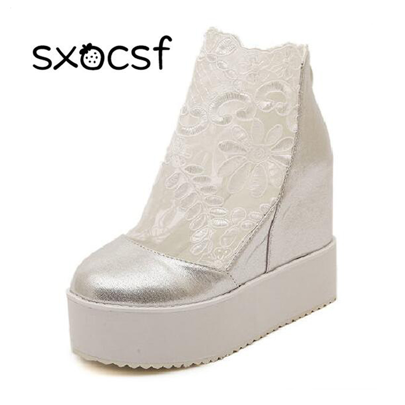 

Fashion Sweet Lace Roman Shoes Women Wedge Heels White Platform Pumps High Heels Sandals Zapatos Plataforma Mujer Encaje 34-39, Black