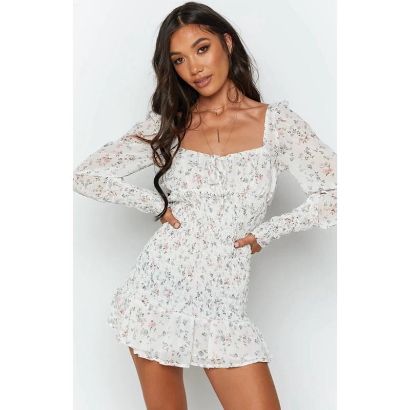 

Women Fashion Pleated Ruffles Dress Summer Vintage Floral Square Collar Long-sleeved Chiffon Short Mini Dress, White