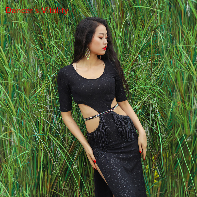 

Belly Dance Practice Cothes New Female Sexy Dress Round Neck Profession Performance Clothing Tassel Cutout Long Skirt Woman, Black