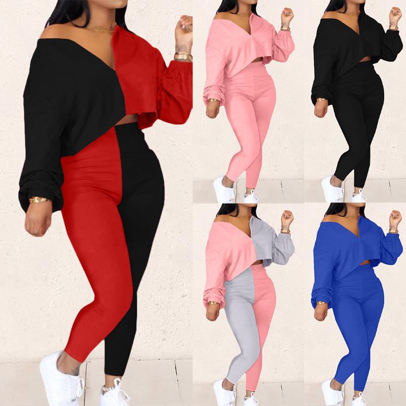 

Women Tracksuit Sets Off Shoulder Pullover Suits Solid Patchwork Tops Long Pants Two Piece Set Female Sports Running Yoga Sets, Pink