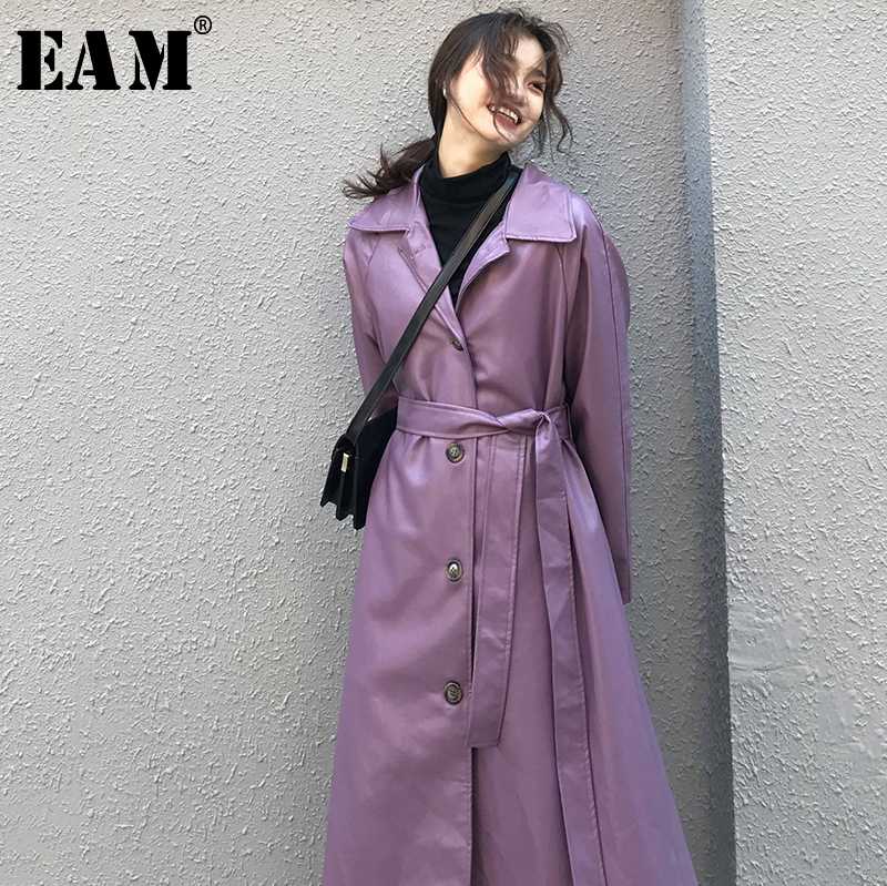 

EAM] Women Pu Leather Purple Big Size Long Trench New Lapel Long Sleeve Loose Fit Windbreaker Fashion Tide Spring 2020 1X486