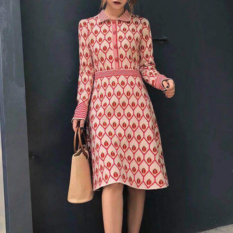 

2020 Summer Sweet Red Print Women Knitted Dress Runway Designer Long Sleeve Female Party Sweater Dresses Clothes, Black;gray