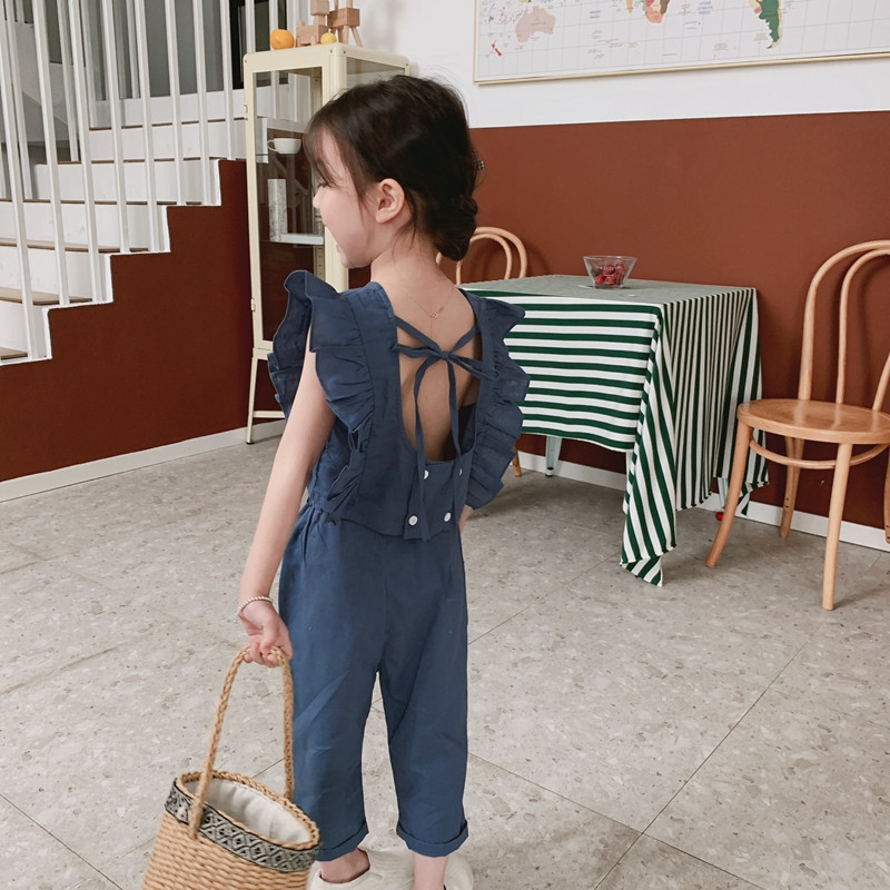 

2020 Summer New Arrival Girls Fashion Cotton 2 Pieces Suit Kids Backless Suit, Blue