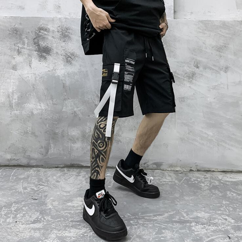 

Men summer ribbons punk hip hop cargo shorts woman black street wear casual board shorts bermudas