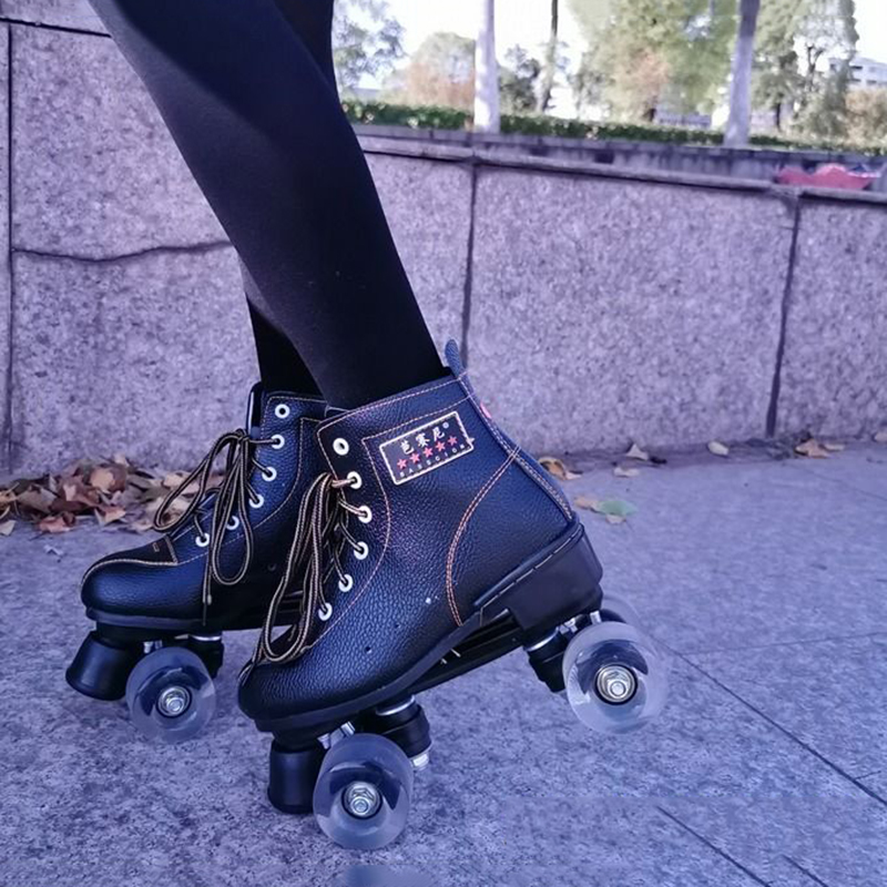 

Skate Artificial Leather Shoes Roller Skates Women Patins Skating Rollers patines de 4 ruedas, Black