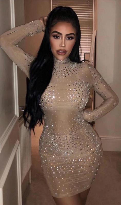 

Women Sexy Long Sleeve Winter Mesh Sequins Diamond Party Dress Ladies Designer Night Club Evening Celebrity Party Dress, Brown