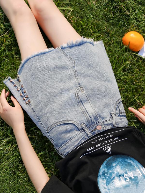 

Women Summer White Blue Solid Casual High Waist Pencil Denim Skirts High Street Pockets Button All-matched Jeans Skirt, Beige