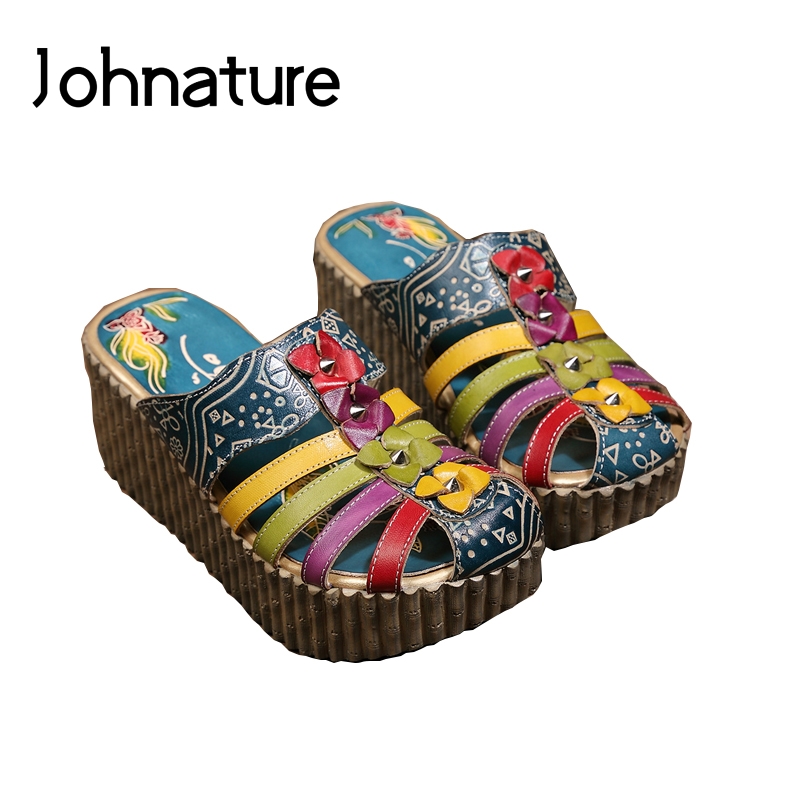 

Johnature Genuine Leather National Style Slippers Hand-painted Outside Summer Casual Sandals Flower Wedges Slides Women Shoes, Blue