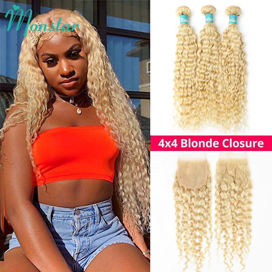 

Monstar 613 Blonde Colored Brazilian Hair Weave Bundles with Closure Remy Human Hair Bundle Deep Wave with Closure Free Shipping