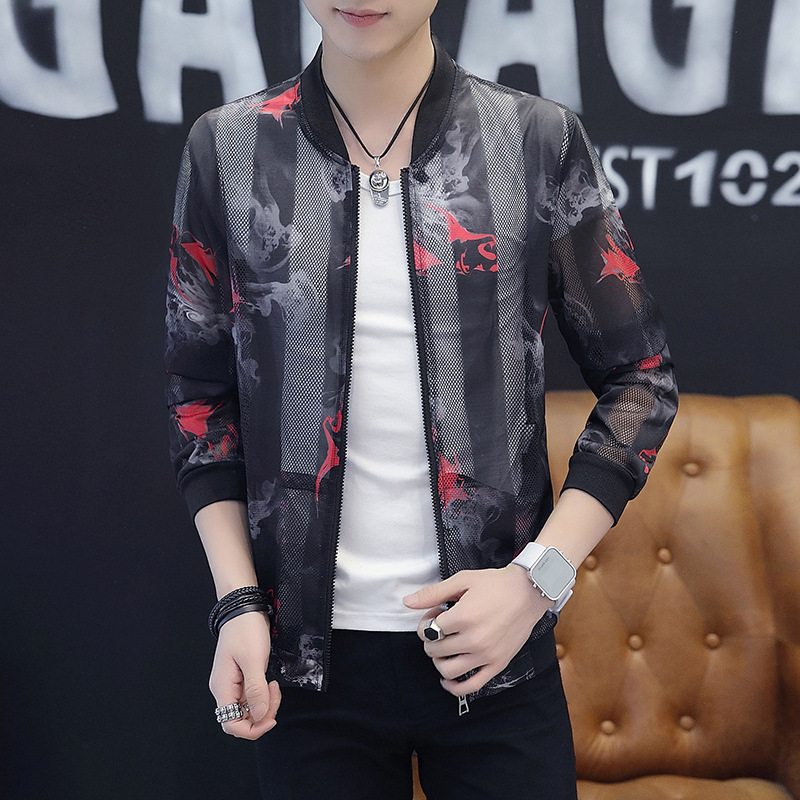 

Summer Sun Protection Clothing Korean Slim Bomber Jacket Men Women Print Hollow Long Sleeve Casual Lover Jackets Men Clothing