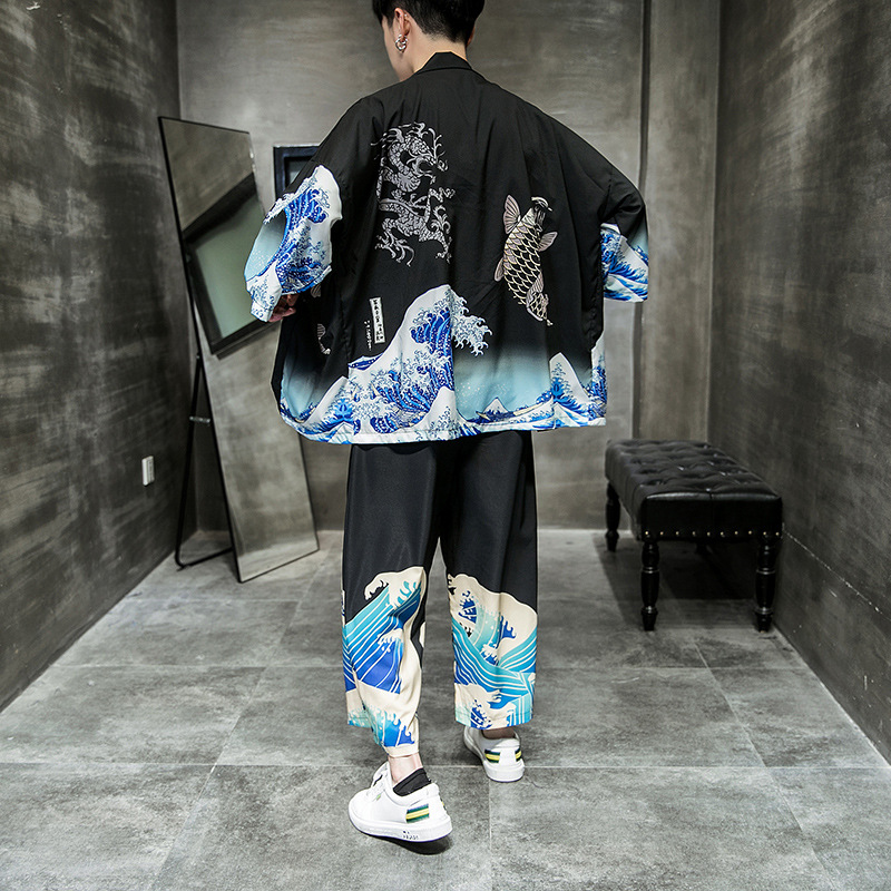 

Japanese Kimono Traditional Casual Loose Thin a Set of Coat and Pants Asian Clothes Harakuju Vintage Print Kimono Cardigan Men, Blue