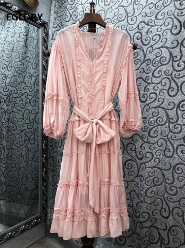 

Top Quality New 2020 Autumn Fashion Designer Dress Women V-Neck Ruffle Floral Deco Long Sleeve Pink Dark Blue Dress Gorgeous